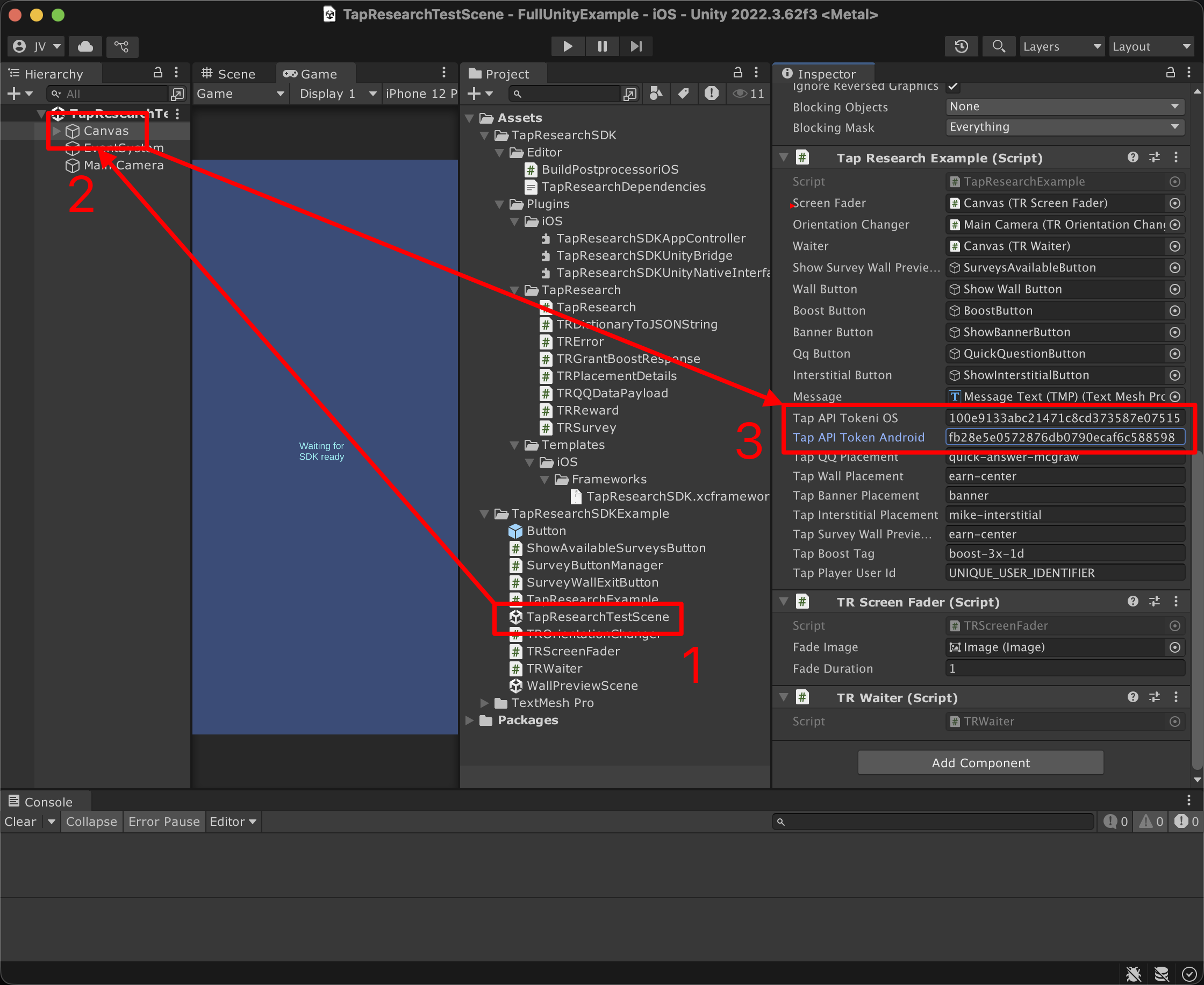 Unity editor steps to set API tokens